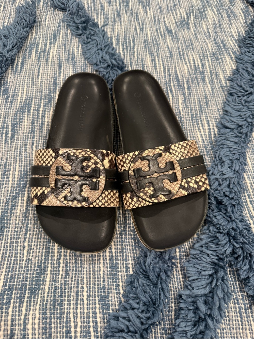 Tory Burch Black & Snake-Print Slide Sandals Size 8